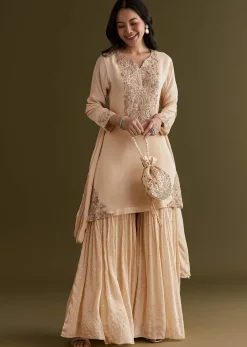 Cream Chinon Kurta Sharara Suit With Embroidered Dupatta