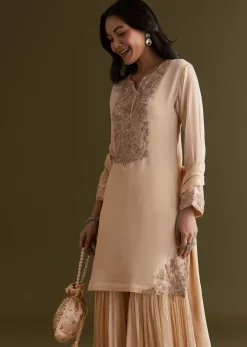 Cream Chinon Kurta Sharara Suit With Embroidered Dupatta