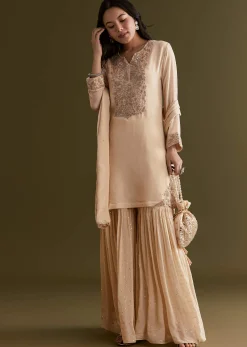 Cream Chinon Kurta Sharara Suit With Embroidered Dupatta