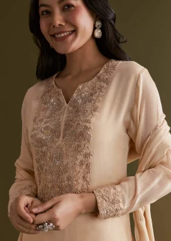 Cream Chinon Kurta Sharara Suit With Embroidered Dupatta