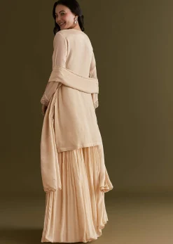 Cream Chinon Kurta Sharara Suit With Embroidered Dupatta