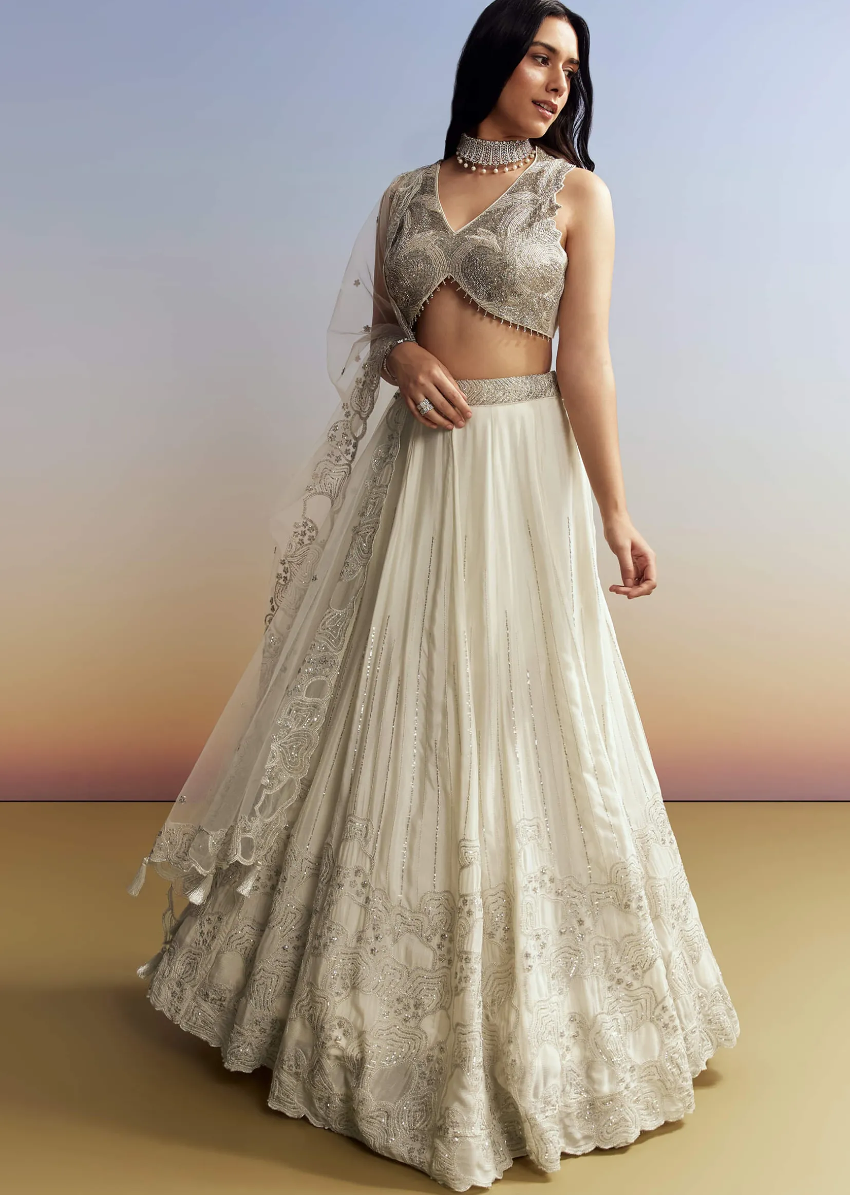 Cream Chinon Lehenga with Net Choli