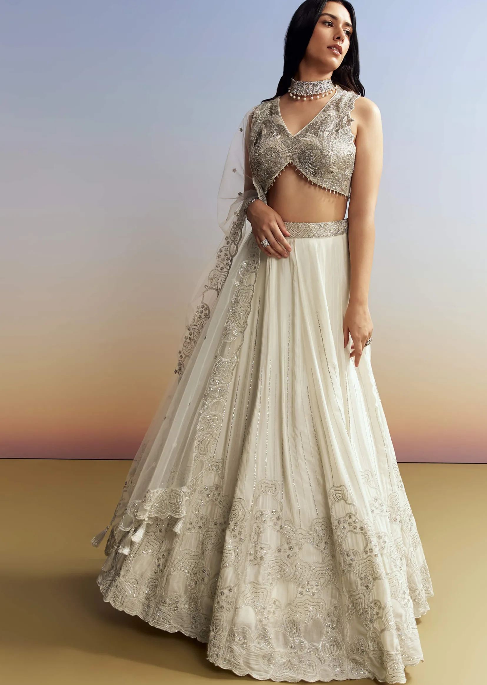 Cream Chinon Lehenga with Net Choli