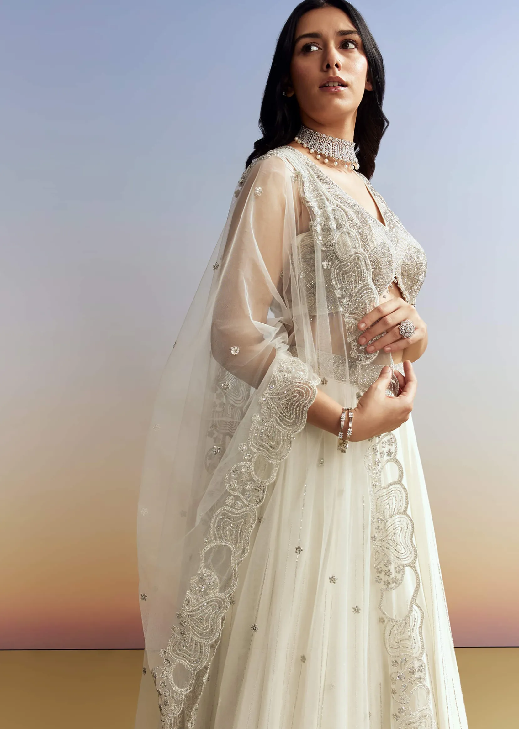 Cream Chinon Lehenga with Net Choli