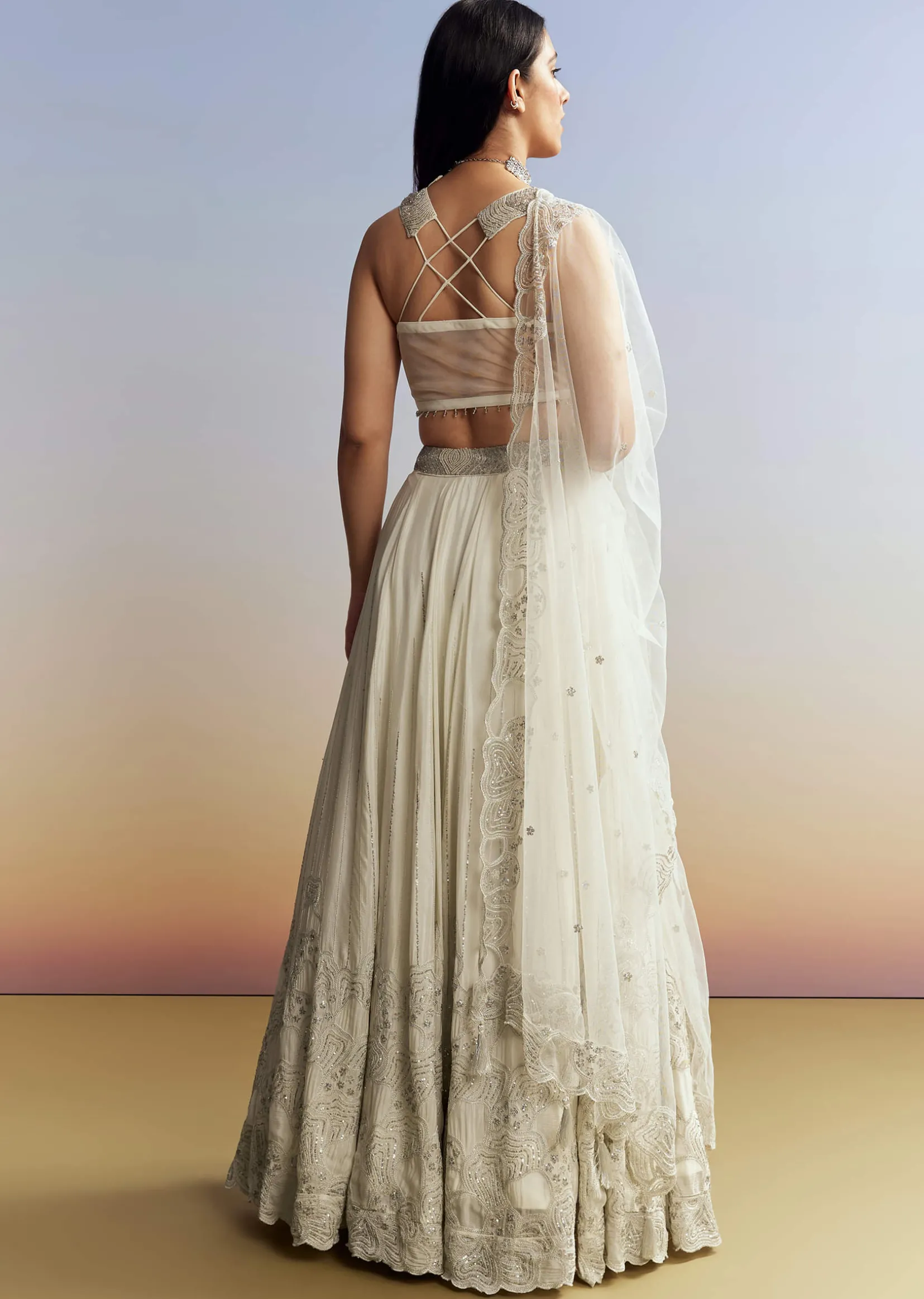 Cream Chinon Lehenga with Net Choli