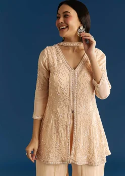 Cream Chinon Moti Embroidered Kurta Palazzo Set With Choker Style Dupatta