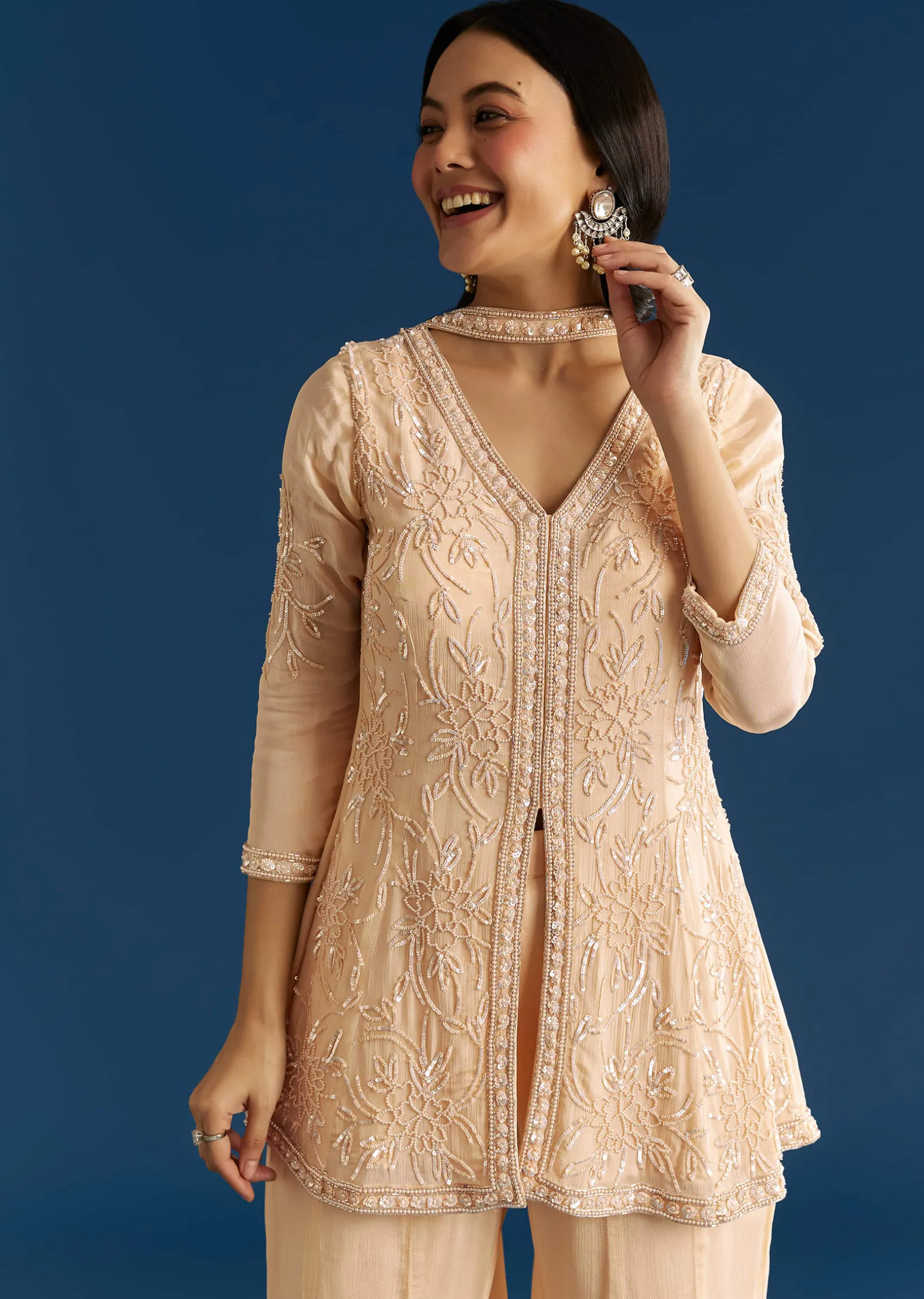Cream Chinon Moti Embroidered Kurta Palazzo Set With Choker Style Dupatta