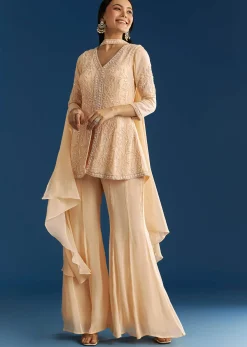 Cream Chinon Moti Embroidered Kurta Palazzo Set With Choker Style Dupatta