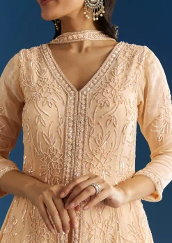 Cream Chinon Moti Embroidered Kurta Palazzo Set With Choker Style Dupatta