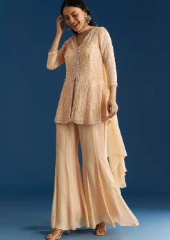 Cream Chinon Moti Embroidered Kurta Palazzo Set With Choker Style Dupatta