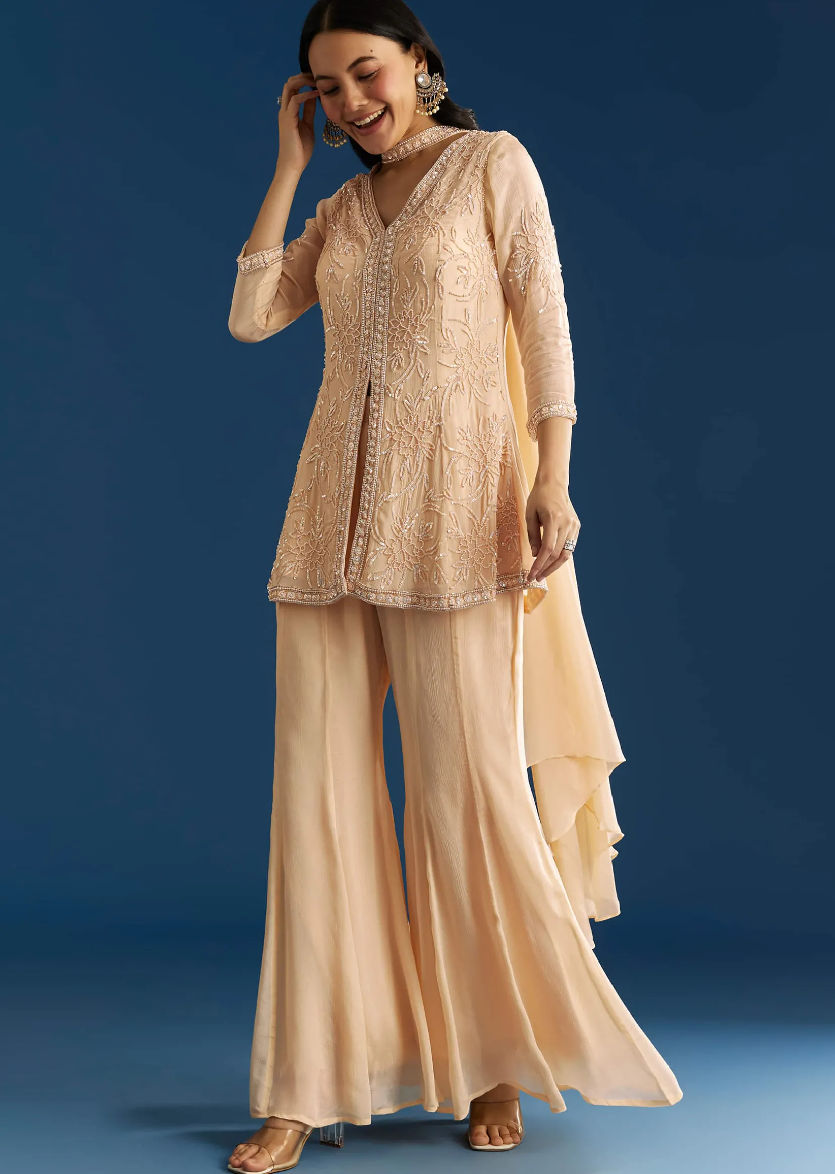 Cream Chinon Moti Embroidered Kurta Palazzo Set With Choker Style Dupatta