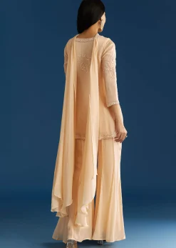 Cream Chinon Moti Embroidered Kurta Palazzo Set With Choker Style Dupatta