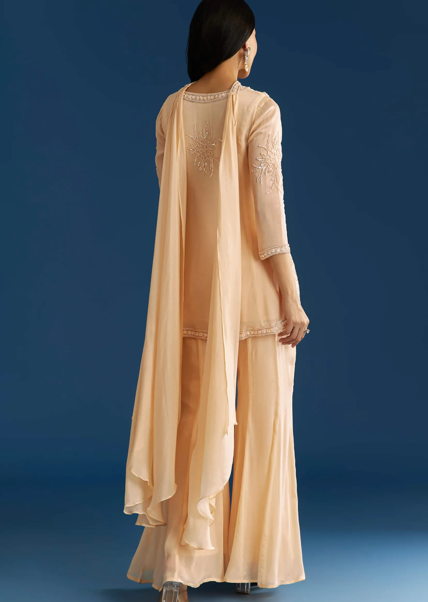 Cream Chinon Moti Embroidered Kurta Palazzo Set With Choker Style Dupatta