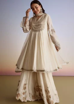 Cream Chinon Moti Work Kurta Sharara Suit With Dupatta