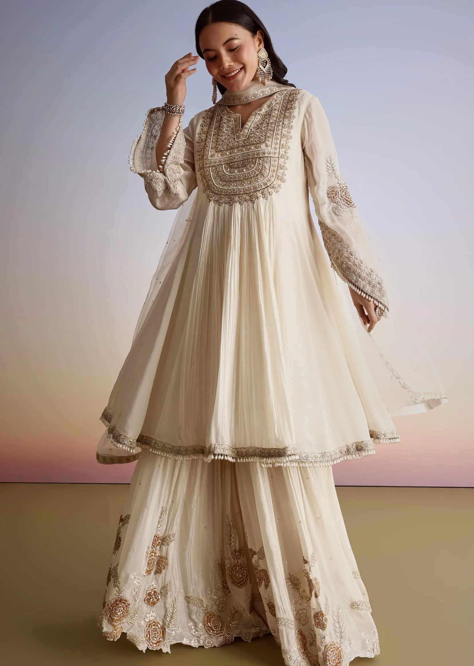 Cream Chinon Moti Work Kurta Sharara Suit With Dupatta
