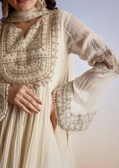 Cream Chinon Moti Work Kurta Sharara Suit With Dupatta
