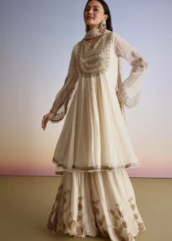 Cream Chinon Moti Work Kurta Sharara Suit With Dupatta