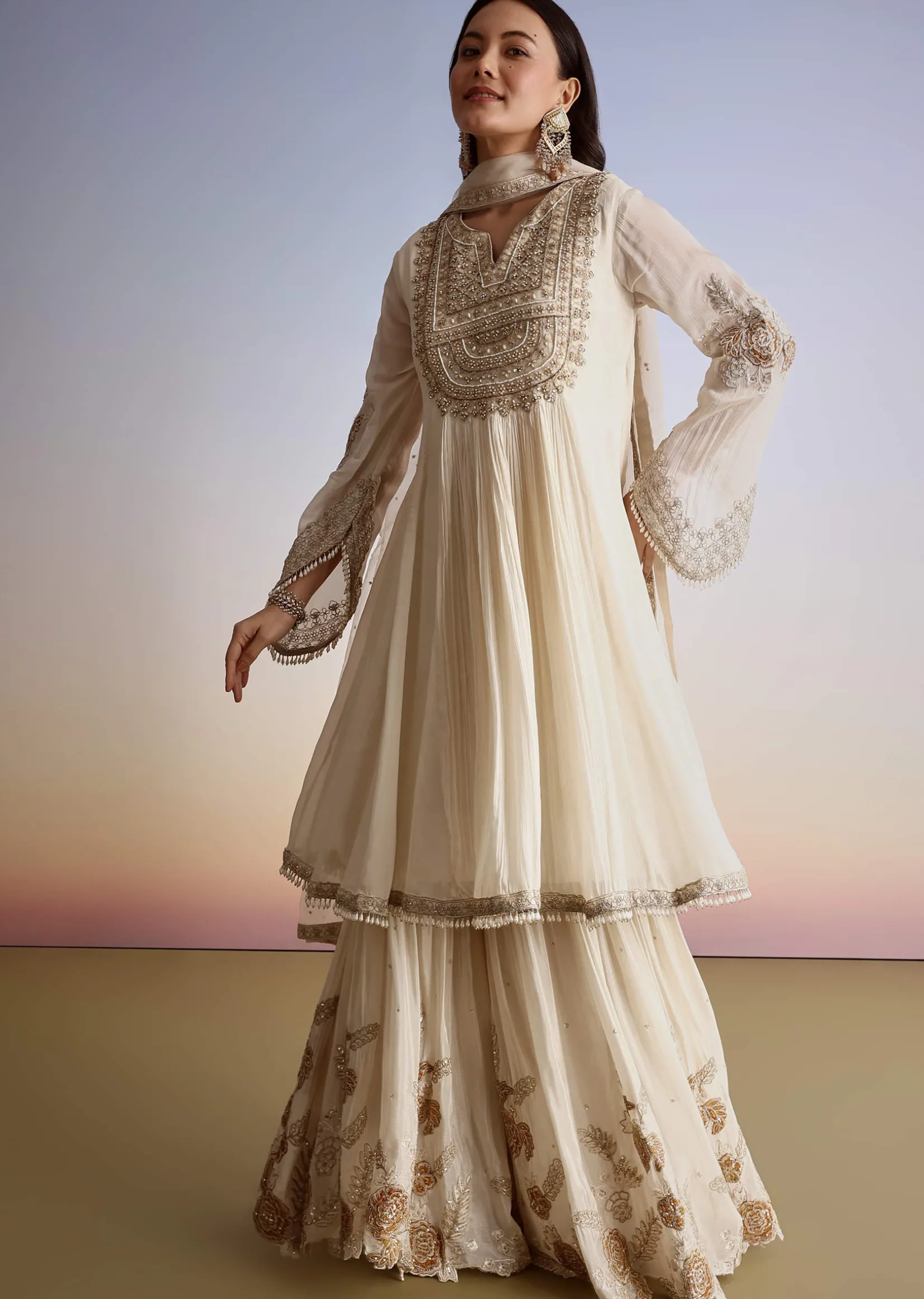 Cream Chinon Moti Work Kurta Sharara Suit With Dupatta