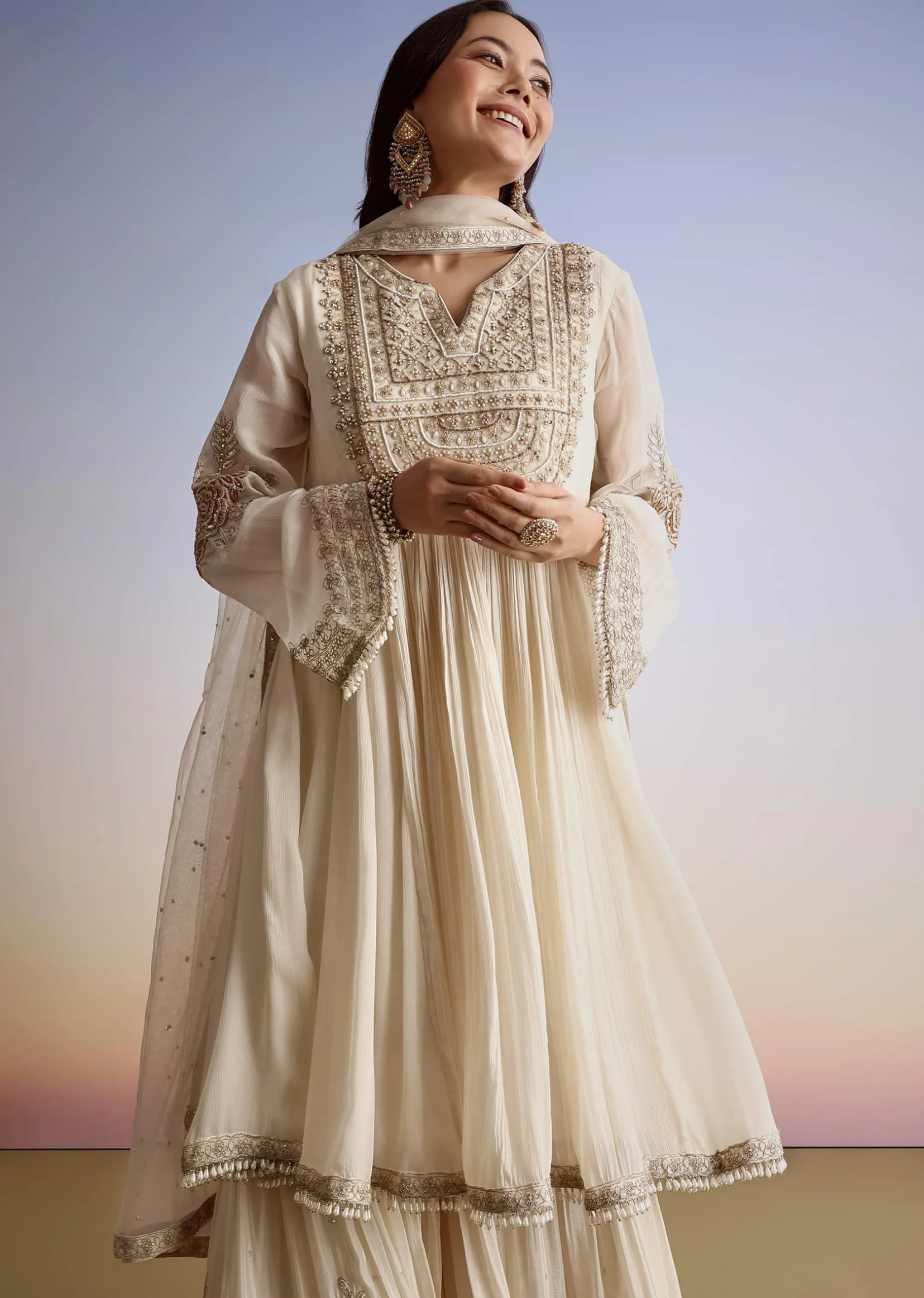 Cream Chinon Moti Work Kurta Sharara Suit With Dupatta