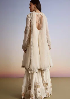 Cream Chinon Moti Work Kurta Sharara Suit With Dupatta