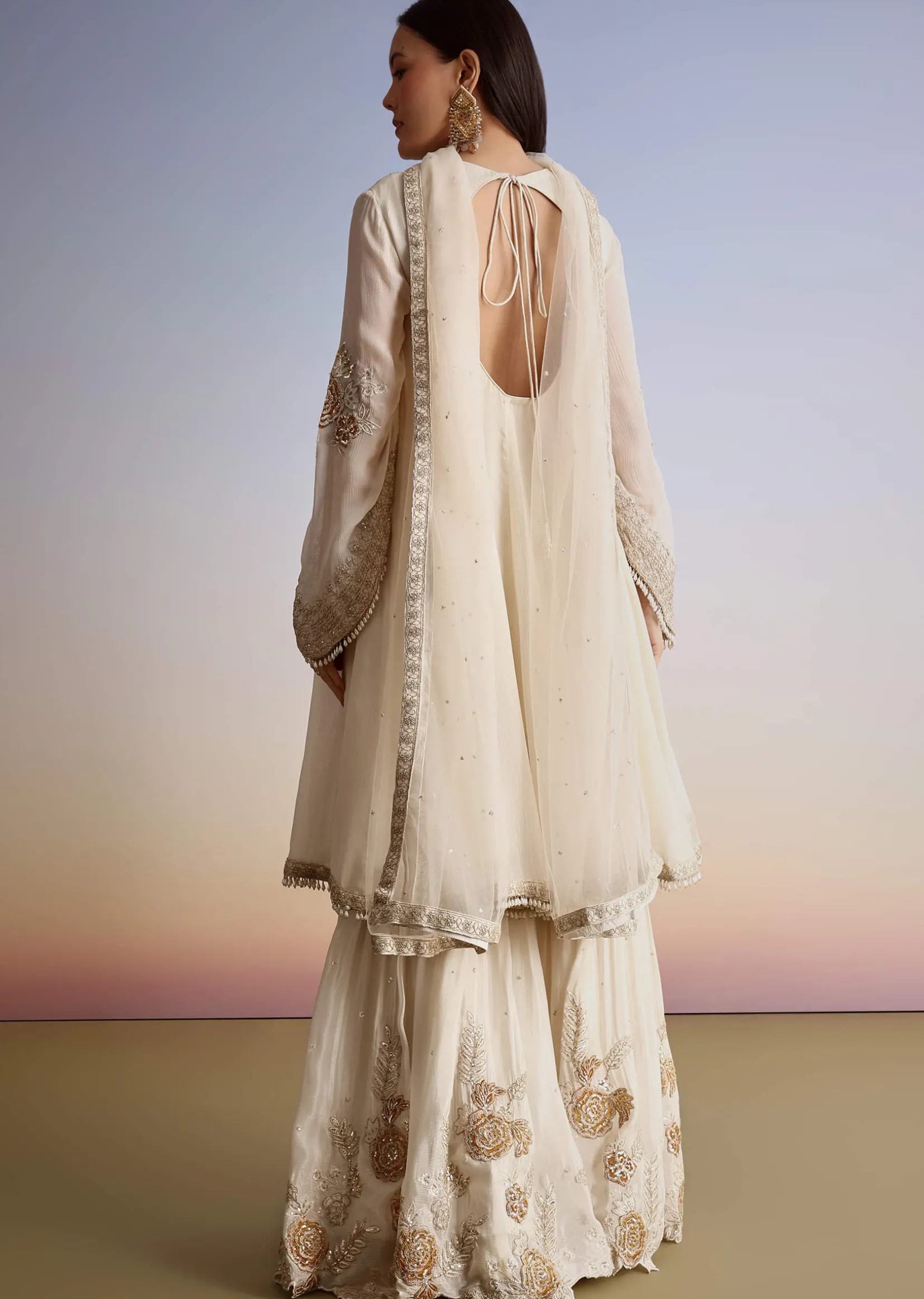 Cream Chinon Moti Work Kurta Sharara Suit With Dupatta