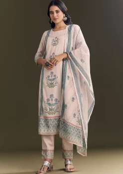 Cream Cotton Block Print Kurta Pant With Dupatta