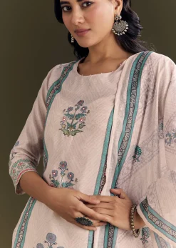 Cream Cotton Block Print Kurta Pant With Dupatta
