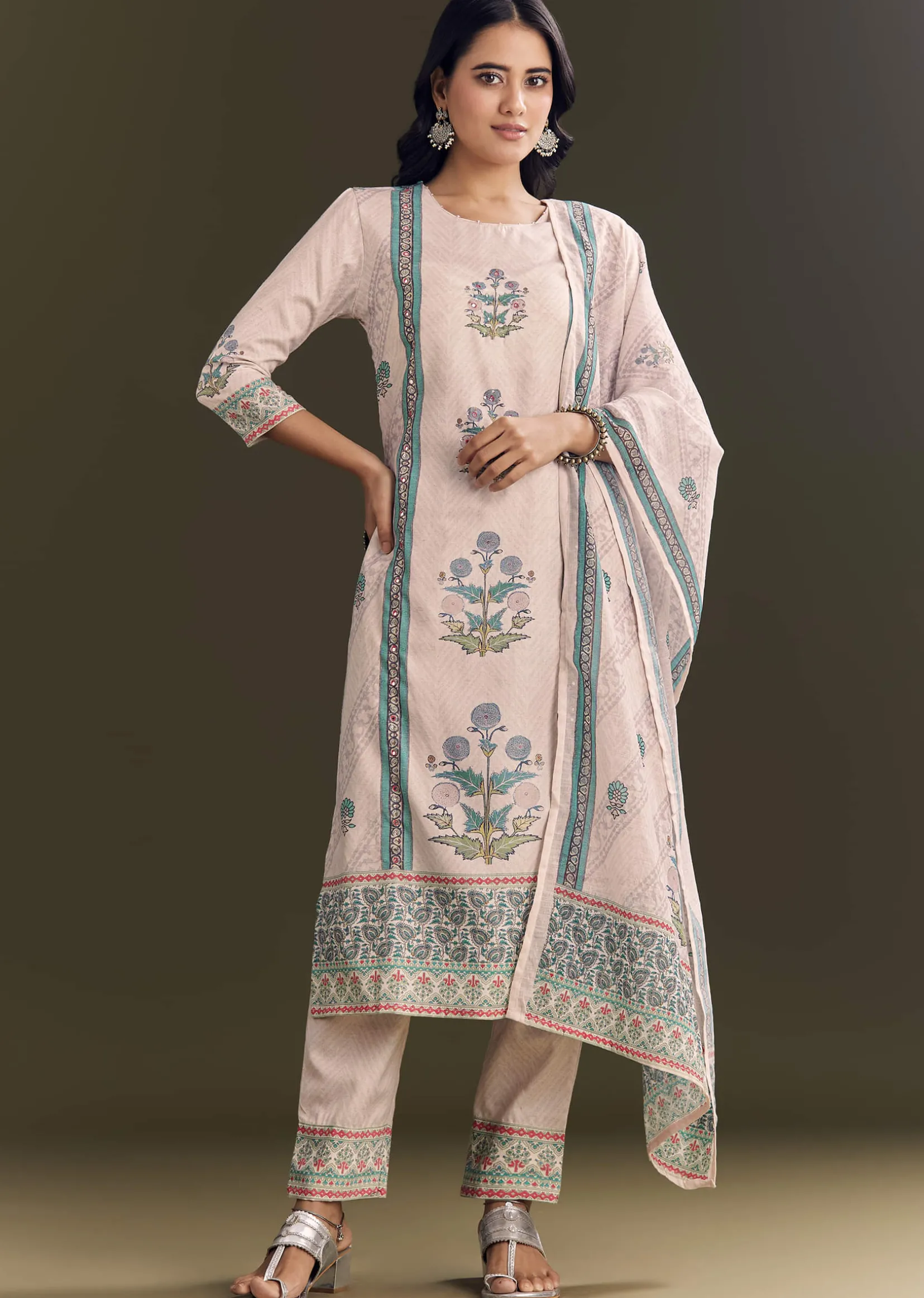 Cream Cotton Block Print Kurta Pant With Dupatta