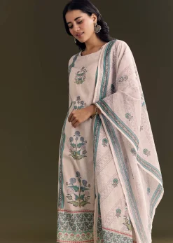 Cream Cotton Block Print Kurta Pant With Dupatta