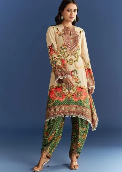 Cream Cotton Muslin Printed Asymmetrical Kurta Dhoti