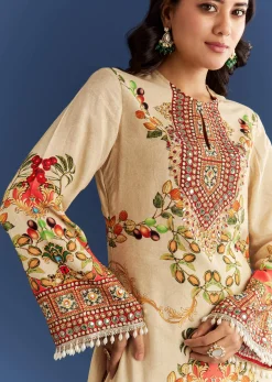 Cream Cotton Muslin Printed Asymmetrical Kurta Dhoti