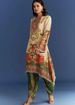 Cream Cotton Muslin Printed Asymmetrical Kurta Dhoti