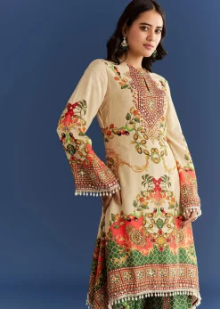 Cream Cotton Muslin Printed Asymmetrical Kurta Dhoti
