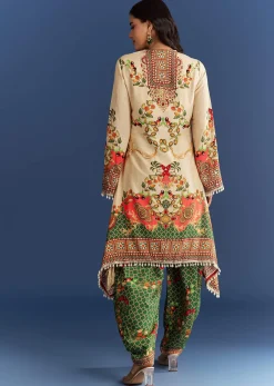 Cream Cotton Muslin Printed Asymmetrical Kurta Dhoti