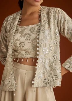 Cream Croptop Patch And Sequin Croptop Jacket Set