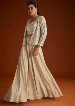 Cream Croptop Patch And Sequin Croptop Jacket Set