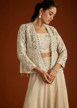 Cream Croptop Patch And Sequin Croptop Jacket Set
