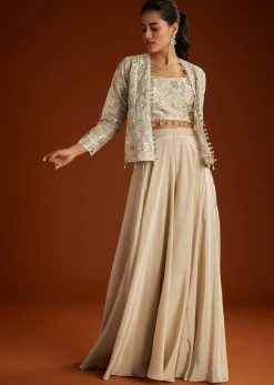 Cream Croptop Patch And Sequin Croptop Jacket Set