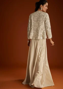 Cream Croptop Patch And Sequin Croptop Jacket Set