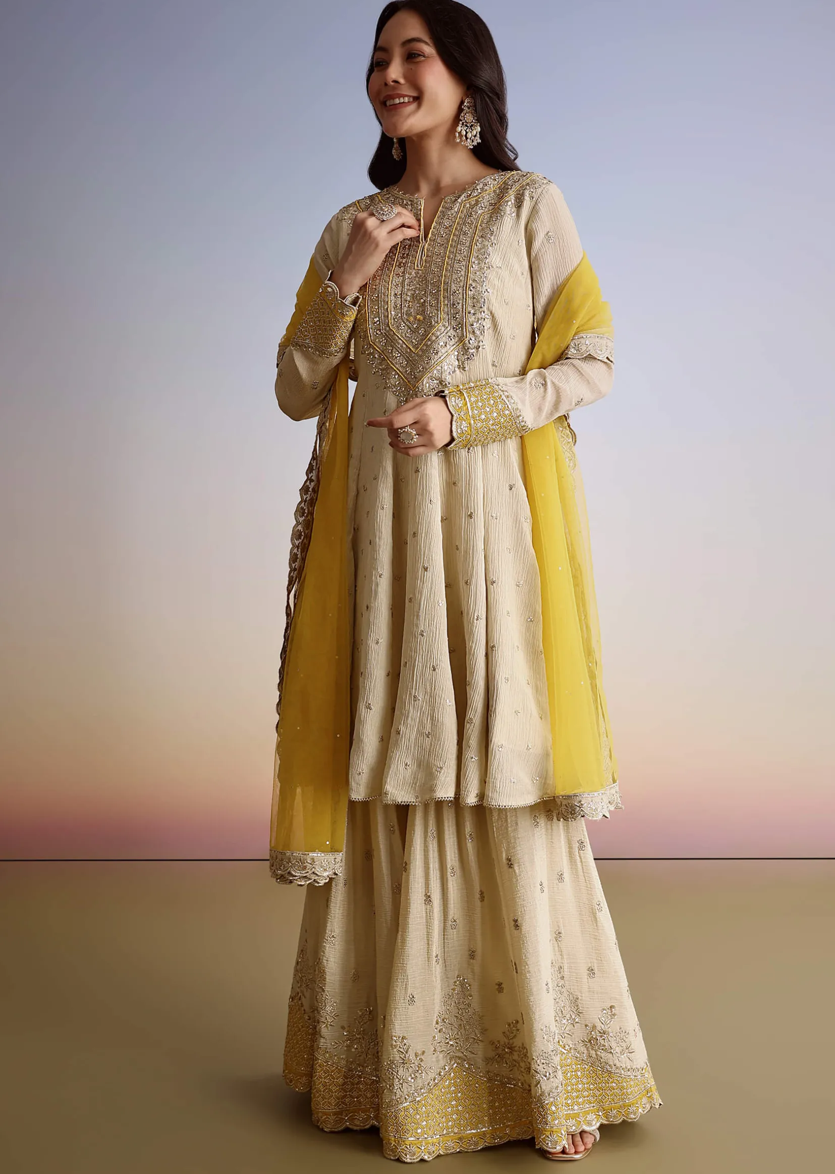 Cream Crush Tissue Sharara Suit With Zari Sequins Work