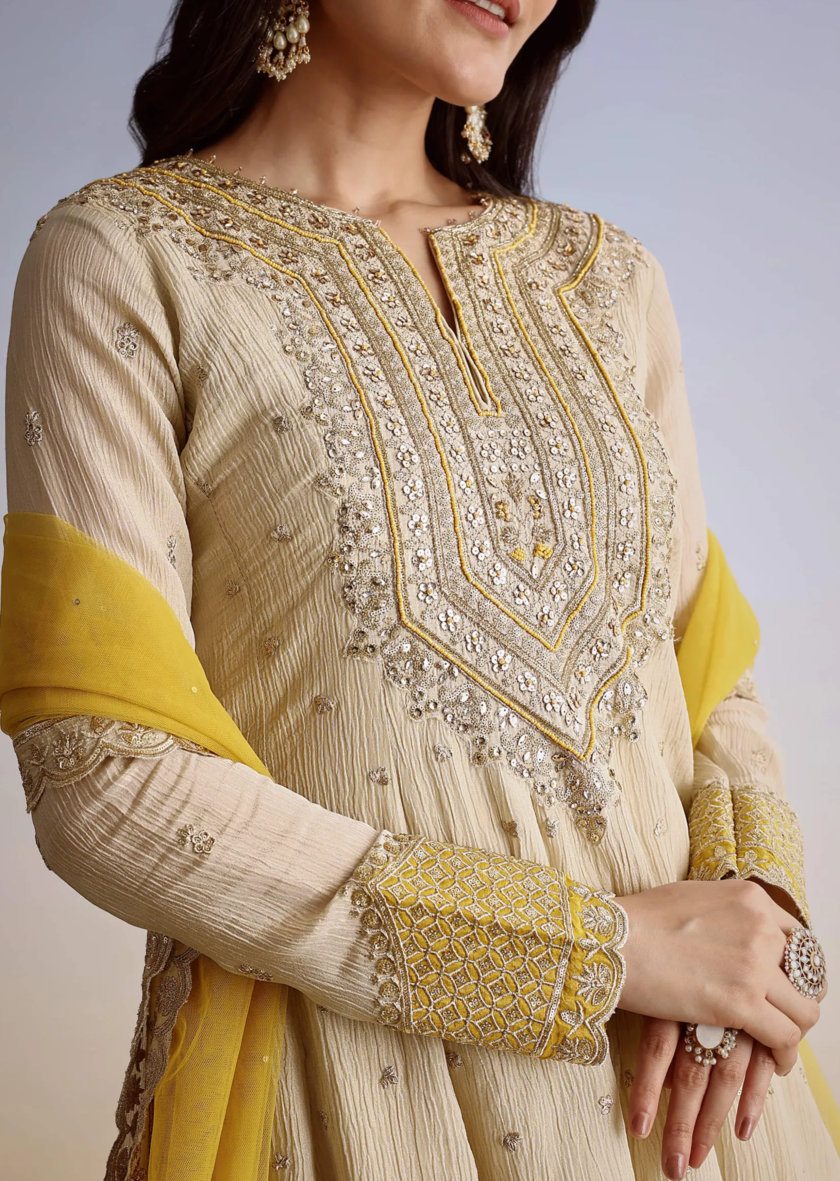 Cream Crush Tissue Sharara Suit With Zari Sequins Work