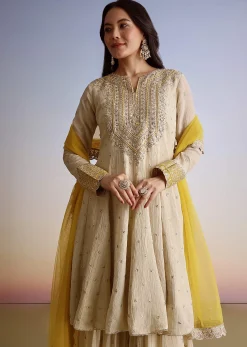 Cream Crush Tissue Sharara Suit With Zari Sequins Work