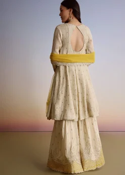 Cream Crush Tissue Sharara Suit With Zari Sequins Work