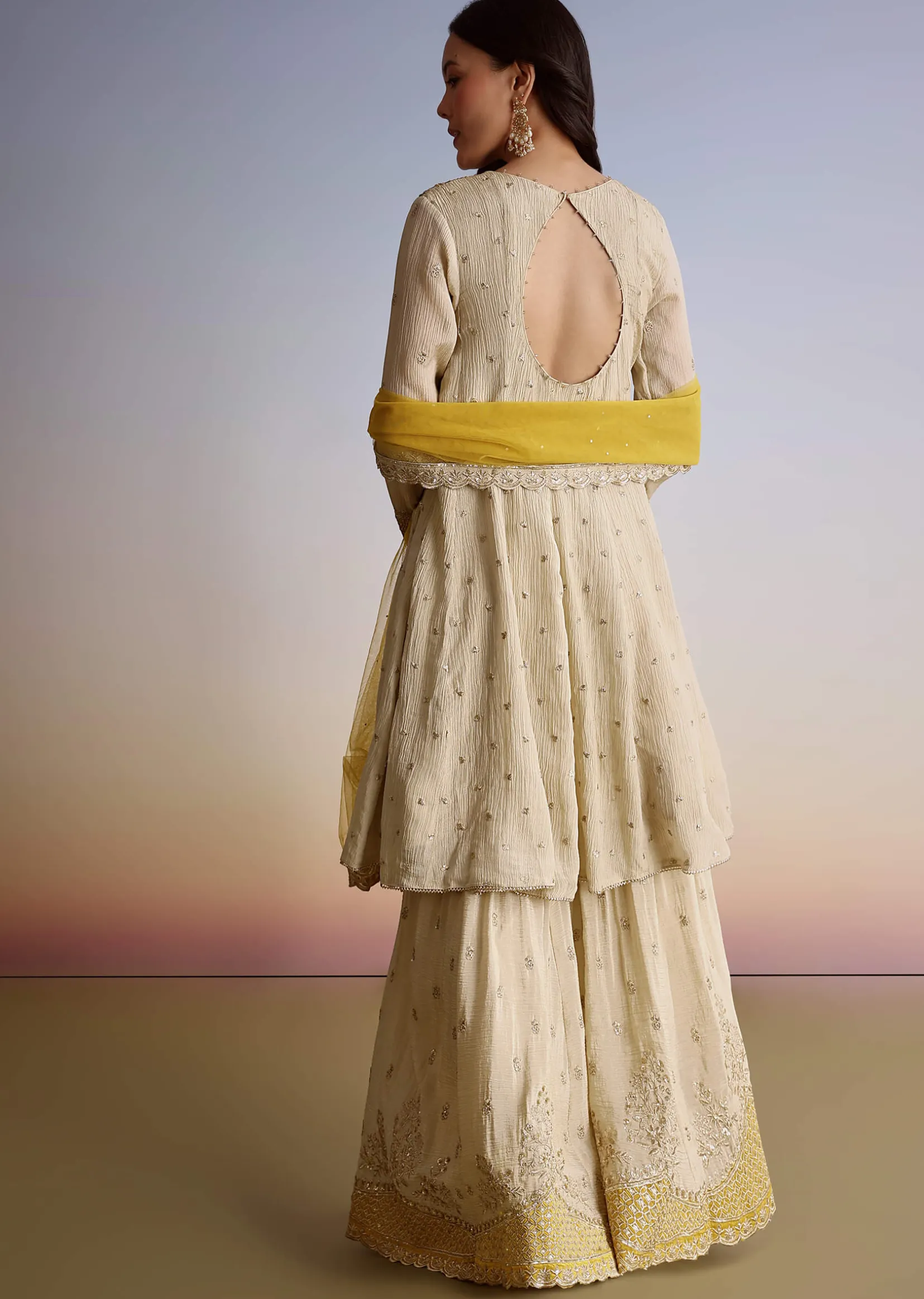 Cream Crush Tissue Sharara Suit With Zari Sequins Work