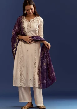 Cream Dola Silk Kurta With Gotta Work And Bandhani Purple Dupatta