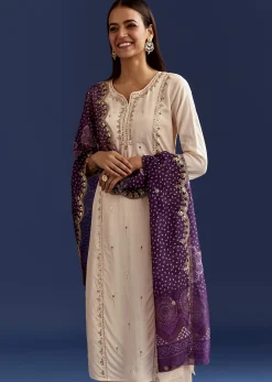 Cream Dola Silk Kurta With Gotta Work And Bandhani Purple Dupatta