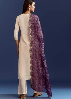 Cream Dola Silk Kurta With Gotta Work And Bandhani Purple Dupatta
