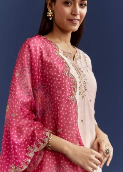 Cream Dola Silk Kurta With Gotta Work And Bandhani Pink Dupatta