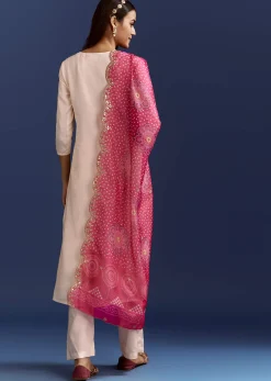 Cream Dola Silk Kurta With Gotta Work And Bandhani Pink Dupatta
