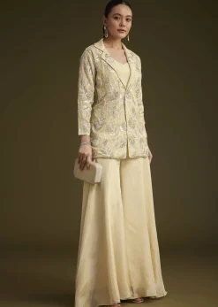 Cream Embroidered Croptop Palazzo And Jacket Set
